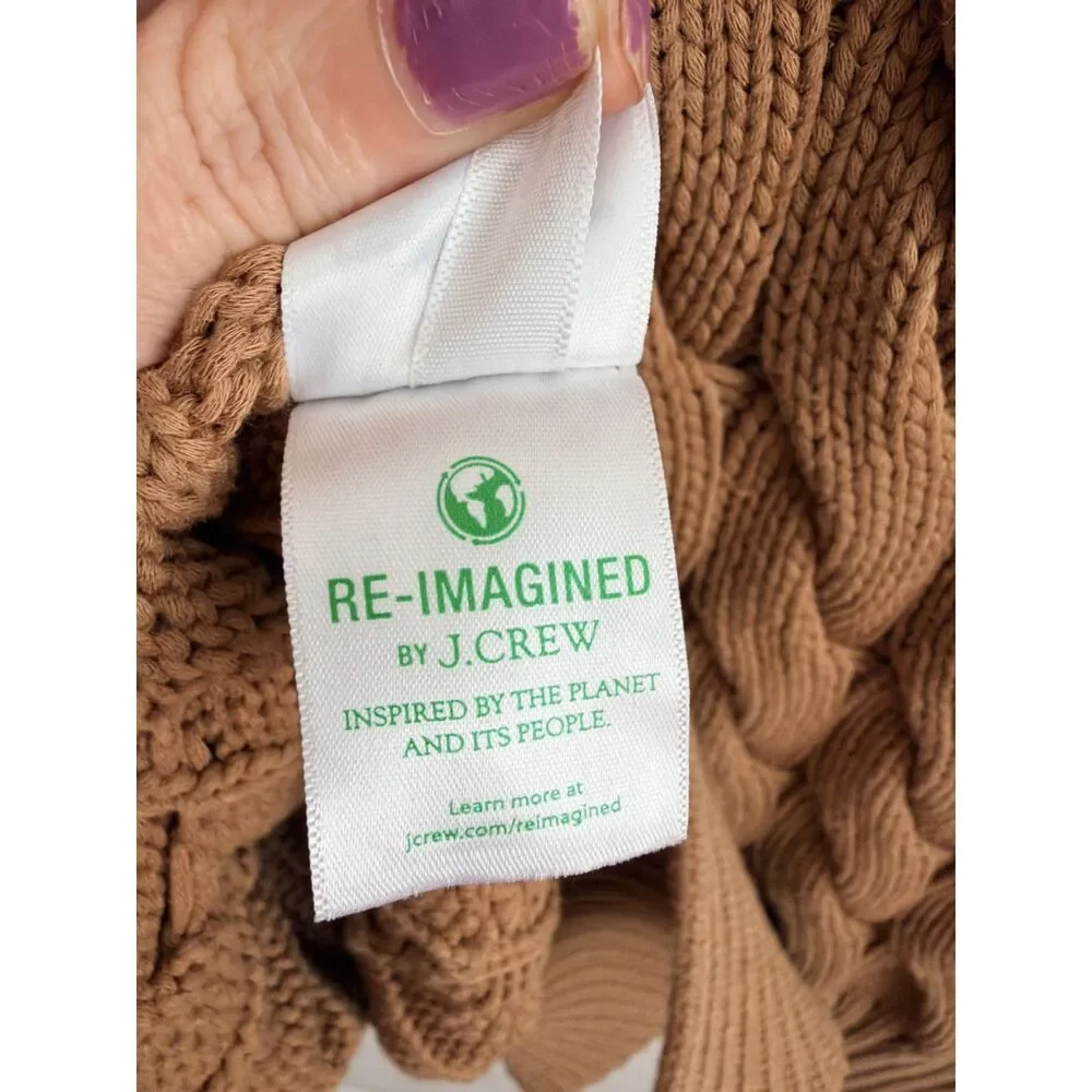 J.Crew Re-Imagined Cable Knit Sweater S-M Camel Brown Side Slit Cotton Blend